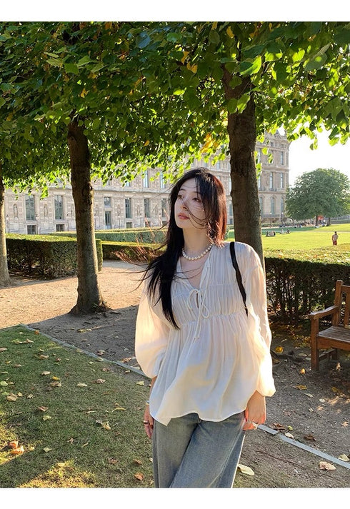 Women Lace Tie Lantern Sleeves Loose Tops